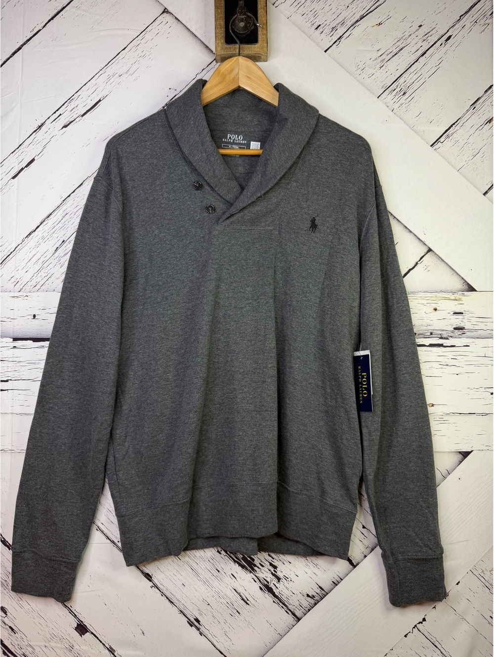 Polo Ralph Lauren Luxury Jersey Shawl-Collar Pullover Sweater Gray Men’s M NWT